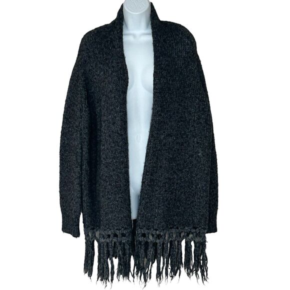Joie Sweater Size M/L Black Wool Alpaca Blend Open Front Cardigan Fringe Long - Picture 1 of 6